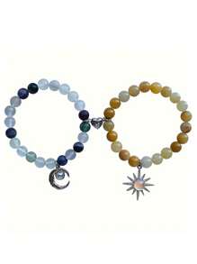 2Pcs/Set Matching Sun & Moon Charms Stone Beads Bracelets For Couples Best Friend, Matching Heart Charm Bracelets Gifts For Couples Friendship Jewelry To Sister Bestie Long Distance Gift For Bf Gf - Multicolor - View 1