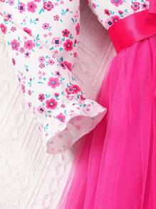 Váy lưới cổ Peter Pan in hoa tay dài cho bé gái tuổi teen có dây buộc eo - Màu Hồng Tươi - Xem 4