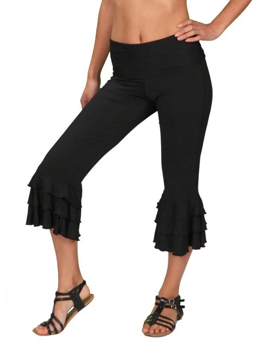 Womens Capri Yoga Pants Workout Leggings High Waist Tummy Control Ruffle Pants Fitness Leggings - màu đen - Xem 1