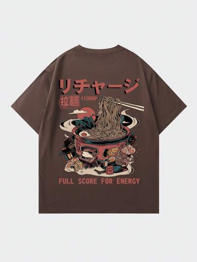  Shwiy Men's Street Style Letter Print Vintage Ramen Graphic T-Shirt, Casual Daily Wear, Anime/Manga Enthusiast Gift