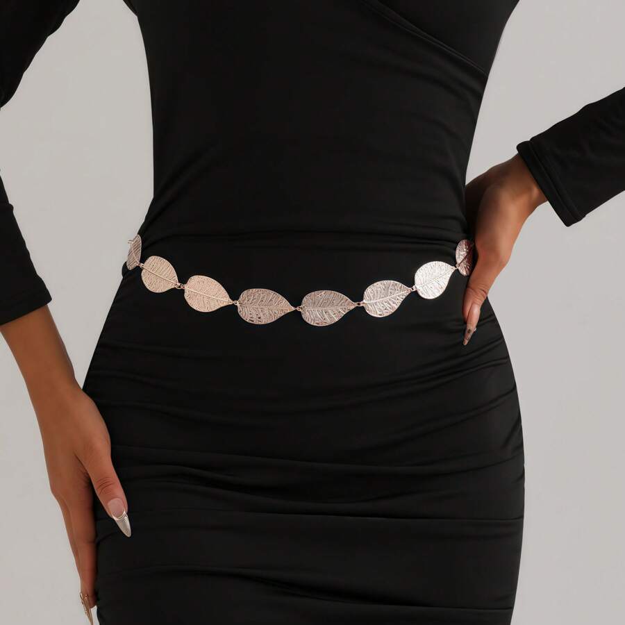 1pc Fashionable Vintage Style Gold Leaf Decor Waist Chain Belt For Dress/Gown - Gold - View 1