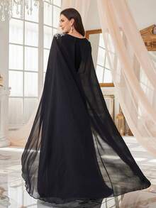 SUPGIR Đầm dạ hội trang trọng thanh lịch cổ vuông dài tay đính hạt sequin sang trọng eo hẹp cho nữ - màu đen - Xem 2