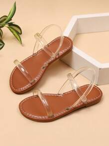 1双儿童棕色凉鞋，透明PU绑带，后跟绑带设计，圆头露趾平底防滑时尚奢华可爱罗马凉鞋，适合3-12岁男孩女孩，日常、派对、旅行，2026夏季款 - 無色 - 查看 4