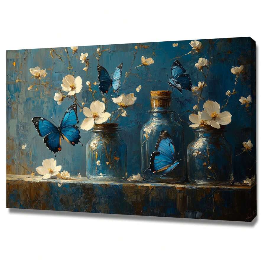Flower Art Print On Canvas, Blue Butterflies And Small White Flowers In A Glass Bottle Watercolor Botanical Canvas Painting Poster With Frame, Suitable For Living Room, Studio Hallway, Art Exhibition, Perfect Birthday Gift, (White)