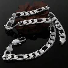 1pc Luxurious Figaro Chain Link Necklace Silver Plated Thick Chain Necklace, Pendant Necklace Punk Hip Hop Versatile Fashion Jewelry Accessories For Men, Ideal Father's Day Gift 18-28inches - 銀色 - 查看 2
