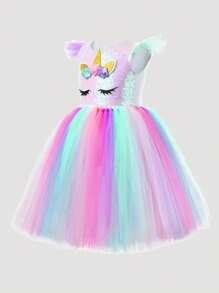 Conjunto de vestido de tul colorido con diseño de unicornio y diadema de unicornio para niña