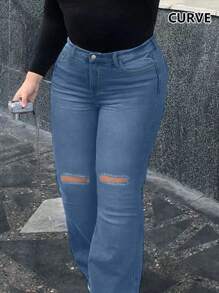 Plus Size Women's Simple Casual Fashion Washed Embossed Insert Pockets Hole Women's Stretch Skinny Bootcut Flare Jeans - 中等水洗藍 - 查看 4