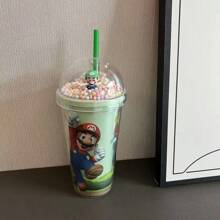 Super Mario Taza con aislamiento de doble pared con diseño temático de Super Mario, con pajita y tapa a prueba de fugas, de 16 onzas a prueba de derrames, con ilustraciones vibrantes de Super Mario, taza portátil excelente para acampada al aire libre, conducción y viajes