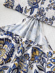 Women's Mid-Length Strapless Strapless Waist Cutout Dress With Prints - Blue - View 9