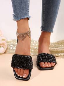Pearl Rhinestone Embellished Women's Summer Slip-On Sandals, French Style Open Toe Flats, Plus Size 41-42-43, Luxe Beachouse Vacation Wear - Black - View 3