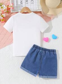 2pcs/Set Summer Girls Casual Cute Cartoon Printed Round Neck Short Sleeve T-Shirt And Denim Shorts Set - White - View 8