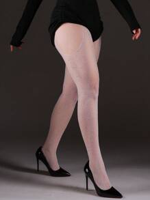 1 件性感紧身开裆水钻渔网连裤袜，透明镂空网袜，简单百搭，适合假期