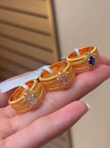 小众设计，复古鸽子蛋戒指，女款拉丝珠闪耀水钻宽面，拉丝戒指，小众时尚设计，百搭戒指，时尚高级感，优雅手链，女士日常派对配饰，时尚首饰，闺蜜礼物 - 金色 - 查看 4