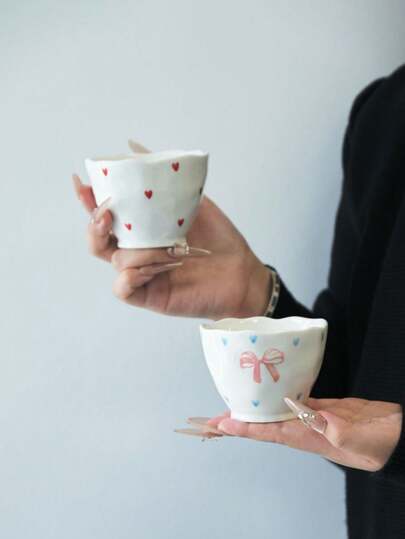 (5 件混色) 手绘不对称陶瓷握杯，多种图案可选，适合咖啡、拿铁、家庭聚会、早餐牛奶杯、下午茶，只需手洗，可重复使用，节日和生日礼物返校