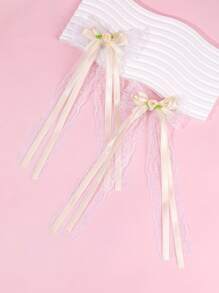 2pcs Beige Bow Hair Clips,Lace Long Tail Hairpins,Flowers Bow Hair Accessories For Toddlers Kids Spring Summer Gifts