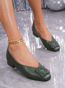 Zapatos casuales de verano para mujer, tipo slip-on, de punta cuadrada y planos con detalles metálicos - Verde - Ver 8