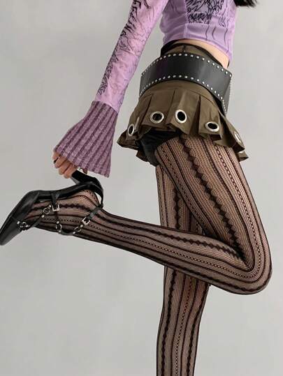 1 Pair Retro Striped Thigh Highs, Feminine Romantic Sheer Tights, Sexy & Slimming