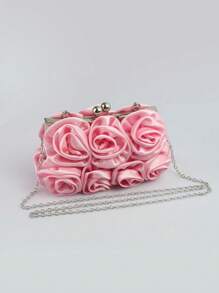 Satin Rose Flower Clutch Bag, Elegant Small Handbag For Formal Occasion, Bridal, Bridesmaid, Crossbody, Evening Dress - Pink - View 8