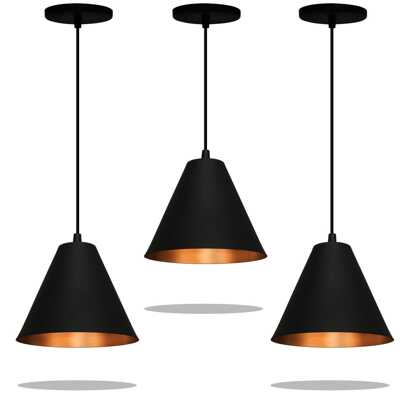Kit 3 Lustres Licon Pendente Preto com Textura Bronze
