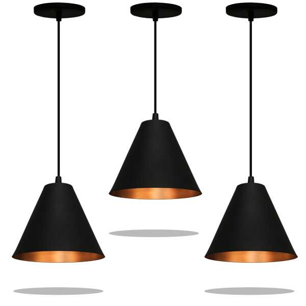 Kit 3 Lustres Licon Pendente Preto com Textura Bronze