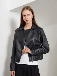 女士时尚编织皮夹克（配领带）、休闲仿皮夹克