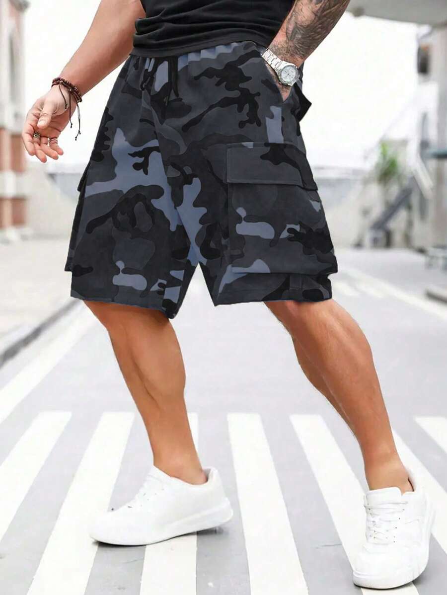 PONCHIOE Men's Camo Print Loose Wide Leg Drawstring Cargo Shorts - Grey - View 1