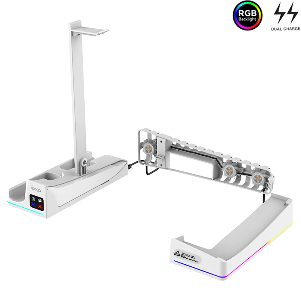 适用于 P-5 Pro/P-5 超薄控制台盘/数字 3 冷却风扇水平支架，带双控制器充电器 14 种 RGB 灯光模式和耳机支架-白色