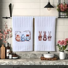 1/2 piezas Toallas de cocina modernas de poliéster, 17.7x27.5 pulgadas, diseño súper suave tejido de conejito de Pascua y huevo, lavable a máquina, decoración de granja cuadrada de primavera, regalo estacional