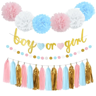 Bộ trang trí tiệc tiết lộ giới tính gồm: Banner xanh dương và hồng, quả cầu giấy tissue, dây trang trí chấm tròn, dây tua rua - Ý tưởng tiết lộ giới tính, trang trí tiệc mừng em bé sắp chào đời, trang trí tiệc.