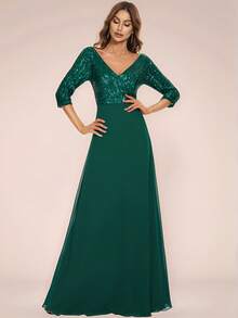 Fall Elegant Contrast Sequin Evening Formal Dress Semi Formal Dress For Party Dinner - Green - View 7