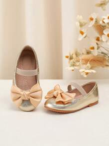 1 Pair Baby Solid Color Bow Design Shoes, Glitter Fabric With Elastic Strap, Soft Comfortable Soles, Suitable For Toddlers All Season - Gold - View 1