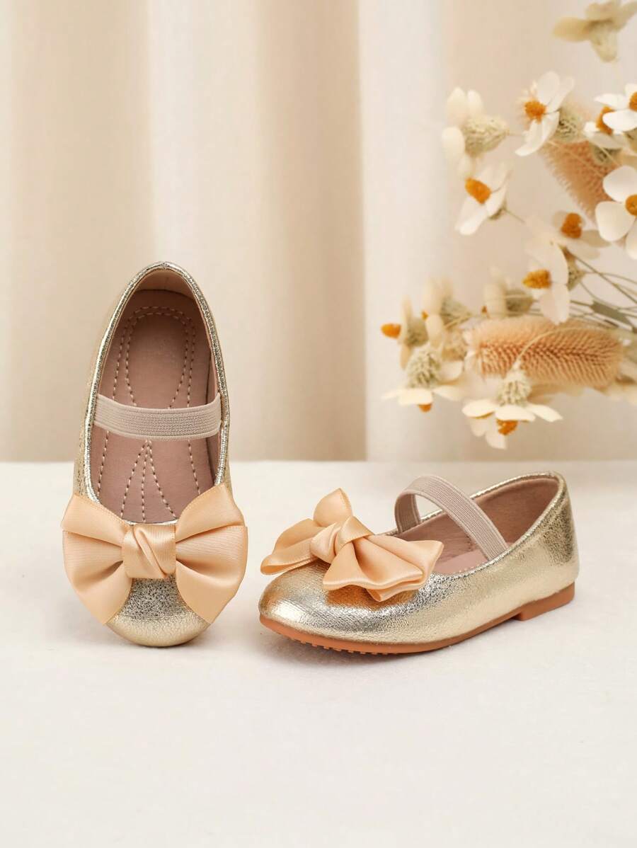 1 Pair Baby Solid Color Bow Design Shoes, Glitter Fabric With Elastic Strap, Soft Comfortable Soles, Suitable For Toddlers All Season - Gold - View 1