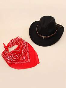 2PCS Western Cowboy Costume, Cowboy Hat Cosplay Accessory, Brown Western Cowboy Hat Dress Up For Kids, Funny Halloween Party Roleplay, Set Of 1 Black Cowboy Hat, 1 Red Bandanna - Black - View 2