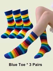 1/3/7 Pairs Women Colorful Fashion Horizontal Striped Rainbow Mid-Calf Socks, Suitable For Casual Daily Wear - Multicolor - View 12