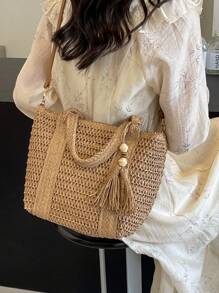 1pc Holiday Straw Shoulder Bag, Fashionable Woven Beach/Picnic Tote Bag With Tassel Decor, Casual Handmade Woven Bag Suitable For Gifts, Perfectly Matching With Vacation Outfits Women - Khaki - View 8