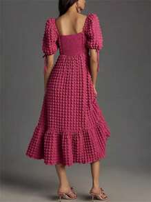 Women's Puff Sleeve Midi Dress Bubble Textured Smocked Sweetheart Neck Ruffled Flowy Dress - Hot Pink - View 4