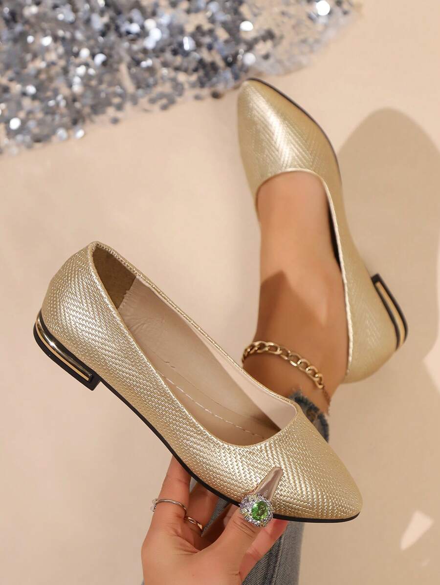 (For Wide/Thick Feet, Please Order One Size Up) Women's Flat Shoes, Soft Leather Suitable For Dresses, Comfortable Soft Sole Pointed Toe Flats, Versatile French Casual Shoes, Korean Style Elegant Flats, Gold Flat Shoes For Work/Formal Occasions (For Wide/Thick Feet, Please Order One Size Up) - Gold - View 1