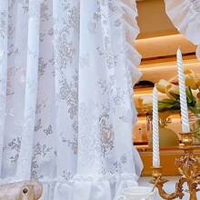 1件装高级时尚幻影蝴蝶薄纱蕾丝边优雅半透明窗帘，适用于别墅、卧室、客厅 - 白色 - 查看 6