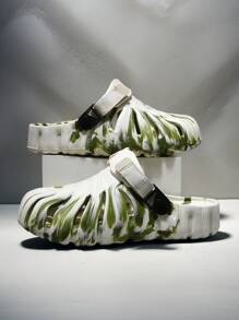 2025 New Men's Sandals, Two-Tone Simple Style Versatile Slippers, Maple Leaf Body Turtle Shell Design Breathable Hollow Casual Shoes, Suitable For Outdoor Beach, Travel, Street, Indoor, Bathroom, Party, Rainy Season, Jungle, Grassland Adventure - White - View 1