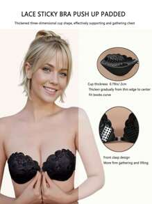 1 Pair Adhesive Bra Push Up Strapless Sticky Invisible Upgrade Lace Bras For Women Dress Backless With Detachable Strap Nipple Cover Boob Pads - Black - View 4