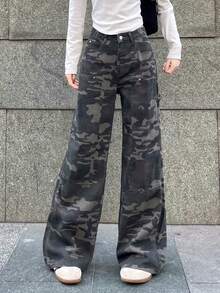 Retro High Waist Camouflage Design Loose Fit Jeans, Random Cut
