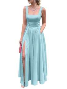 ZANZEA Women Summer Square Neck Sleeveless High Waist Split Tank Sundress Holiday Party A-Line Swing Long Dress - 綠色 - 查看 2