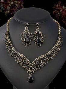 3pcs/Set Women Bride Wedding Necklace & Earrings Jewelry Set, Exquisite Party/Wedding Accessories Combination - Black - View 2