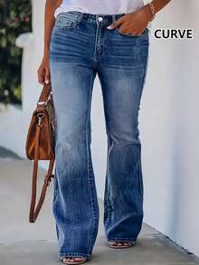 流行时尚女装大码喇叭牛仔裤休闲度假春季 - 深色水洗藍 - 查看 1