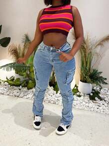 Women's Plus Size Jeans With Elastic Tight Fit, High Waist And Multiple Pockets Design - Tapered Ankle Boot Shaped Denim Pants, Suitable For Curves And Comfortable Stretch Women's Plus Size Jeans - 淺色水洗藍 - 查看 7