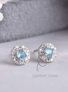 ITSMOS Topaz Earrings Blue Ear Studs Crystal Tiny Diamond Natural Gemstone Round Halo Earrings For Women Mother Gift