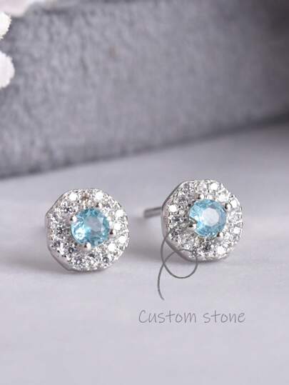 ITSMOS Topaz Earrings Blue Ear Studs Crystal Tiny Diamond Natural Gemstone Round Halo Earrings For Women Mother Gift