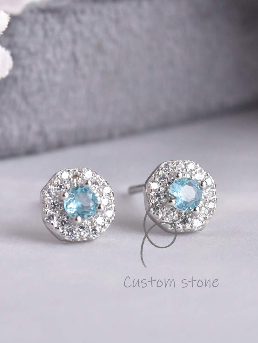 ITSMOS Topaz Earrings Blue Ear Studs Crystal Tiny Diamond Natural Gemstone Round Halo Earrings For Women Mother Gift