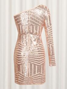 Women's Long-Sleeved Sequined Asymmetrical Neck Bodycon Party Dress, For Cocktail - Champagne - View 2