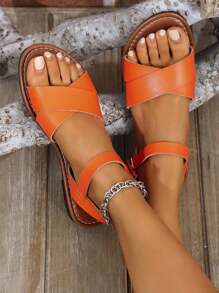 女士新款时尚休闲沙滩平底凉鞋，系带休闲户外拖鞋，橙色/黑色/白色 - 橘色 - 查看 3